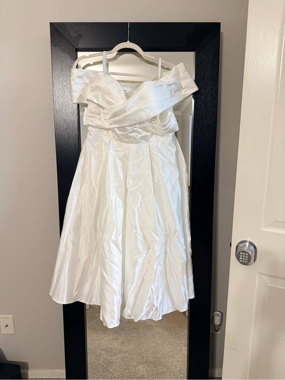 White Off-Shoulder Satin Fit-and-Flare Dress
